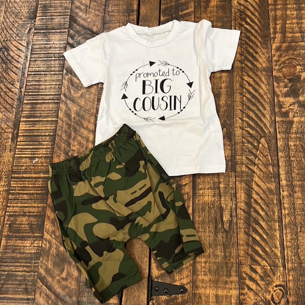 Promoted to Big Cousin shirt & Camo camouflaged pants size 2T/3T outfit